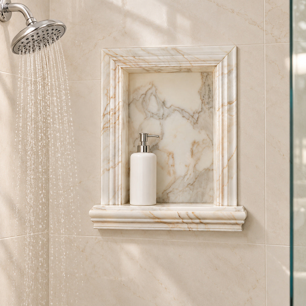 Calacatta Gold Marble Hand-Made Shampoo Niche/Shelf - Large room scene