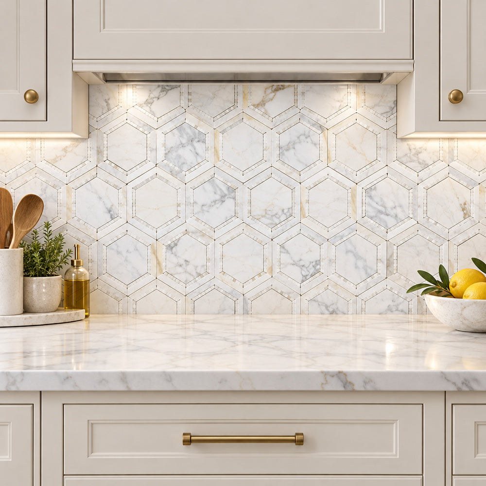 Calacatta Gold Milano Hex 7 3/4x8 3/4 Polished/Honed Marble Mosaic Tile room scene