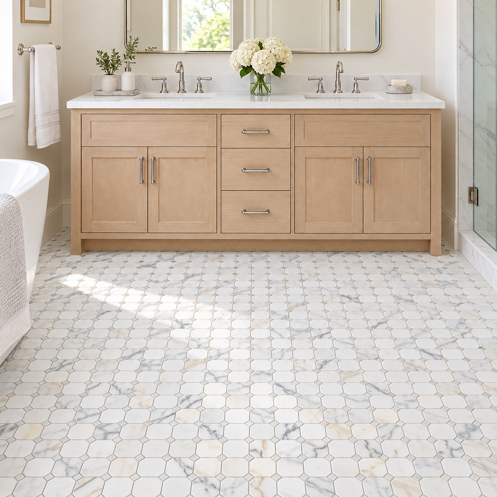 Calacatta Gold Octagon marble mosaic floor room scene with matching marble dots