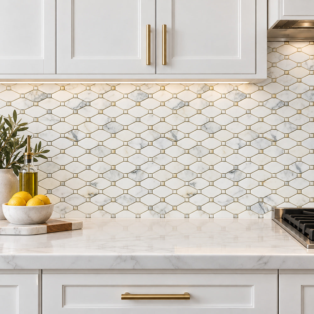 Calacatta Gold Octave 12x12 Polished/Honed Marble Mosaic Tile room scene