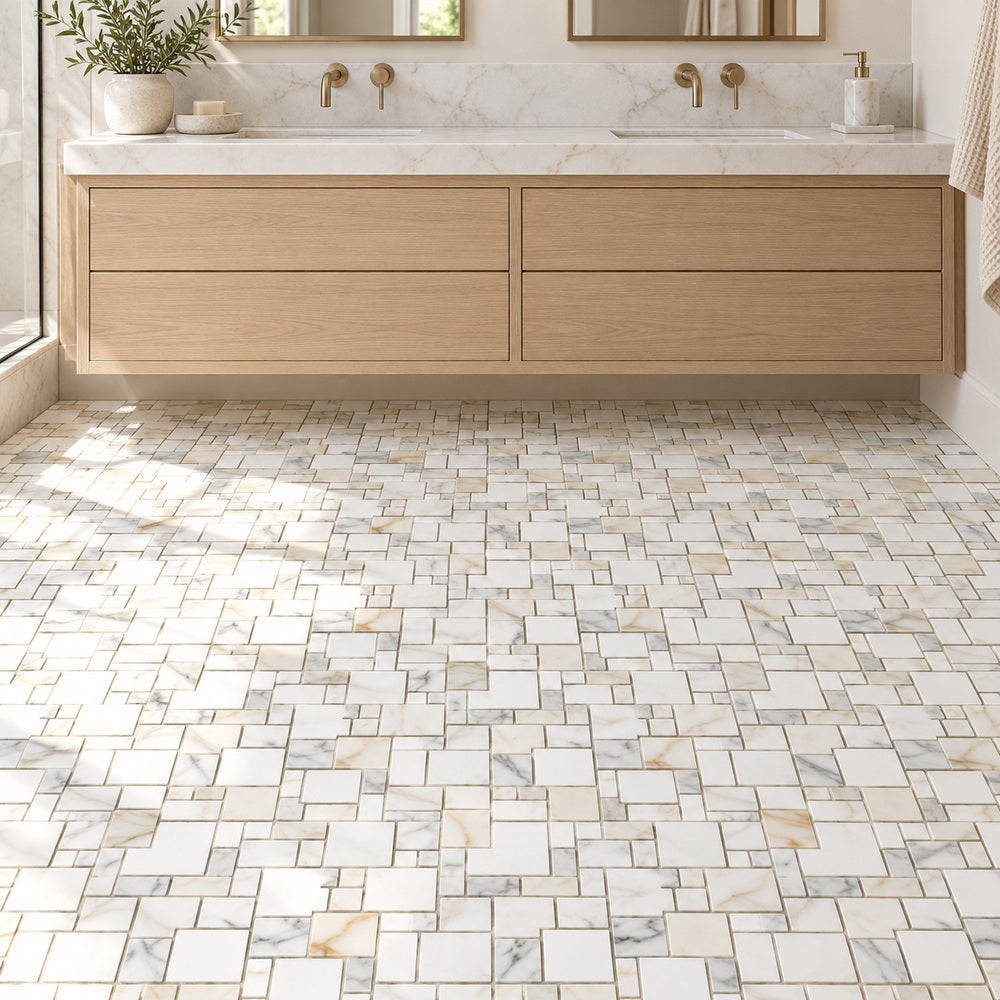 Calacatta Gold Opus Pattern 12x12 Polished/Honed Marble Mosaic Tile room scene