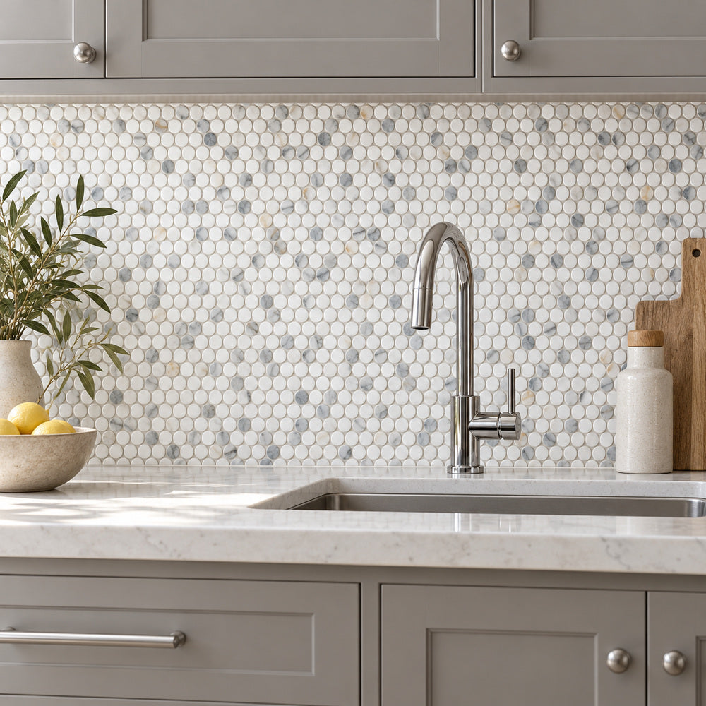 Calacatta Gold Penny Round 12x12 Polished/Honed Marble Mosaic Tile — room scene with true-scale marble mosaic