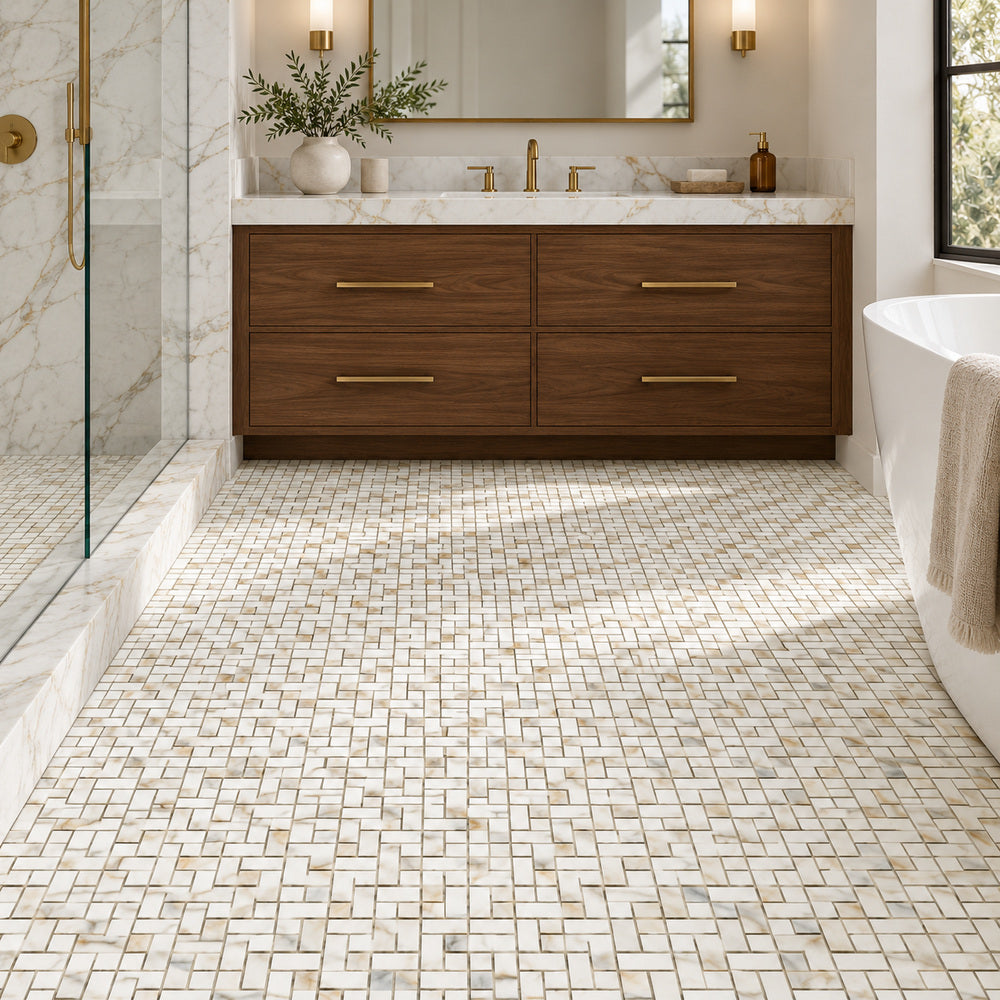 Calacatta Gold Pinwheel 12x12 Polished/Honed Marble Mosaic Tile room scene