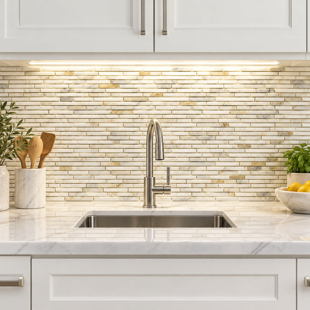 Calacatta Gold Skinny Strips 12x12 Polished/Honed Mosaic Tile room scene