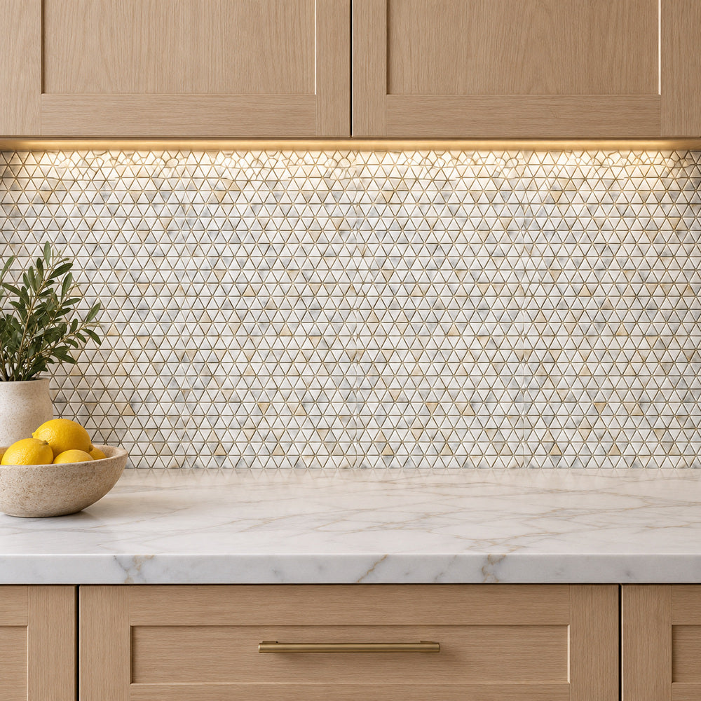 Calacatta Gold Triangular Hex 12x12 Tumbled Marble Mosaic Tile room scene