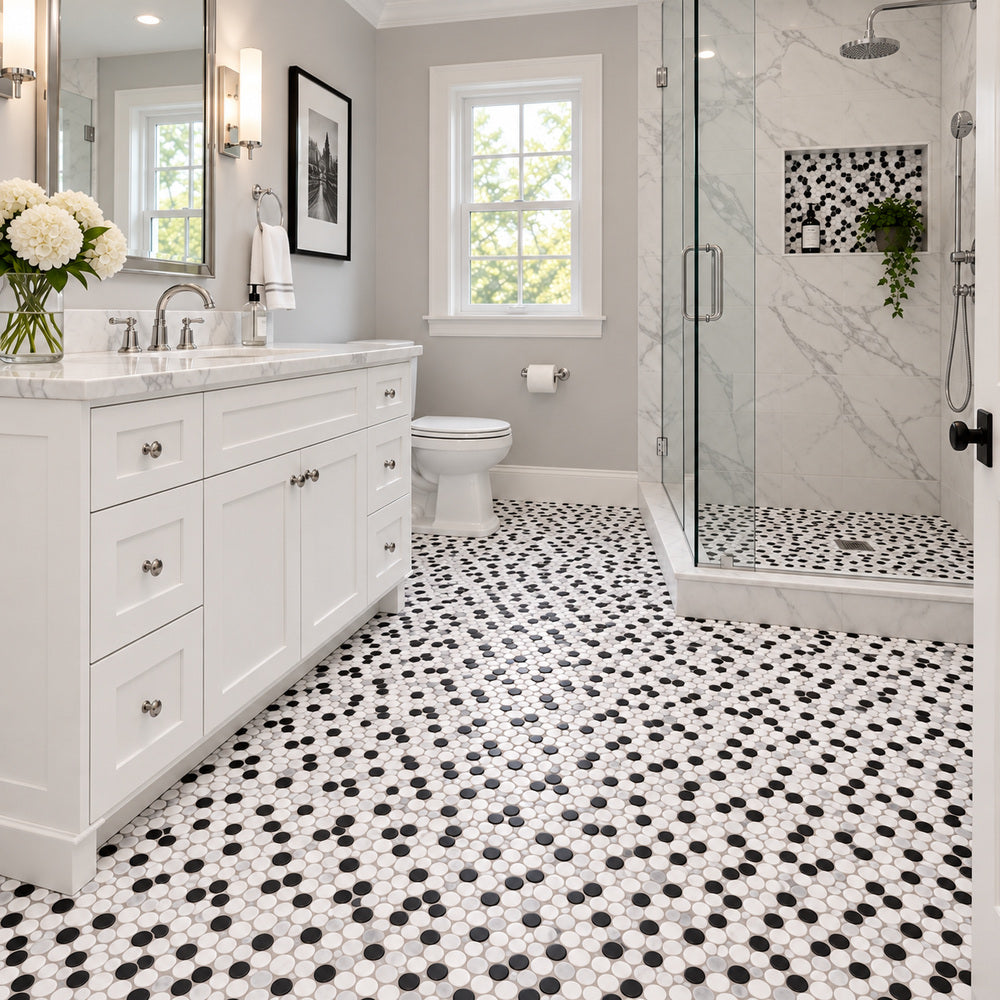 Carrara + Thassos + Black Marble Penny Rounds 12x12 Polished/Honed Tile room scene