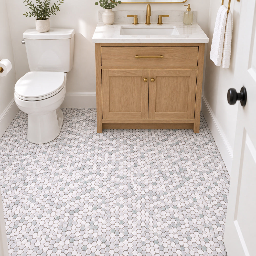 Carrara + Thassos + Green Marble Penny Rounds 12x12 Polished/Honed Tile room scene