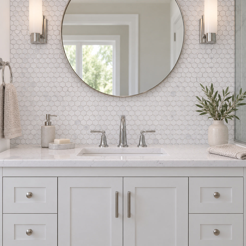 Carrara White 1″ Hexagon Polished/Honed Marble Mosaic — room scene with true-scale marble mosaic