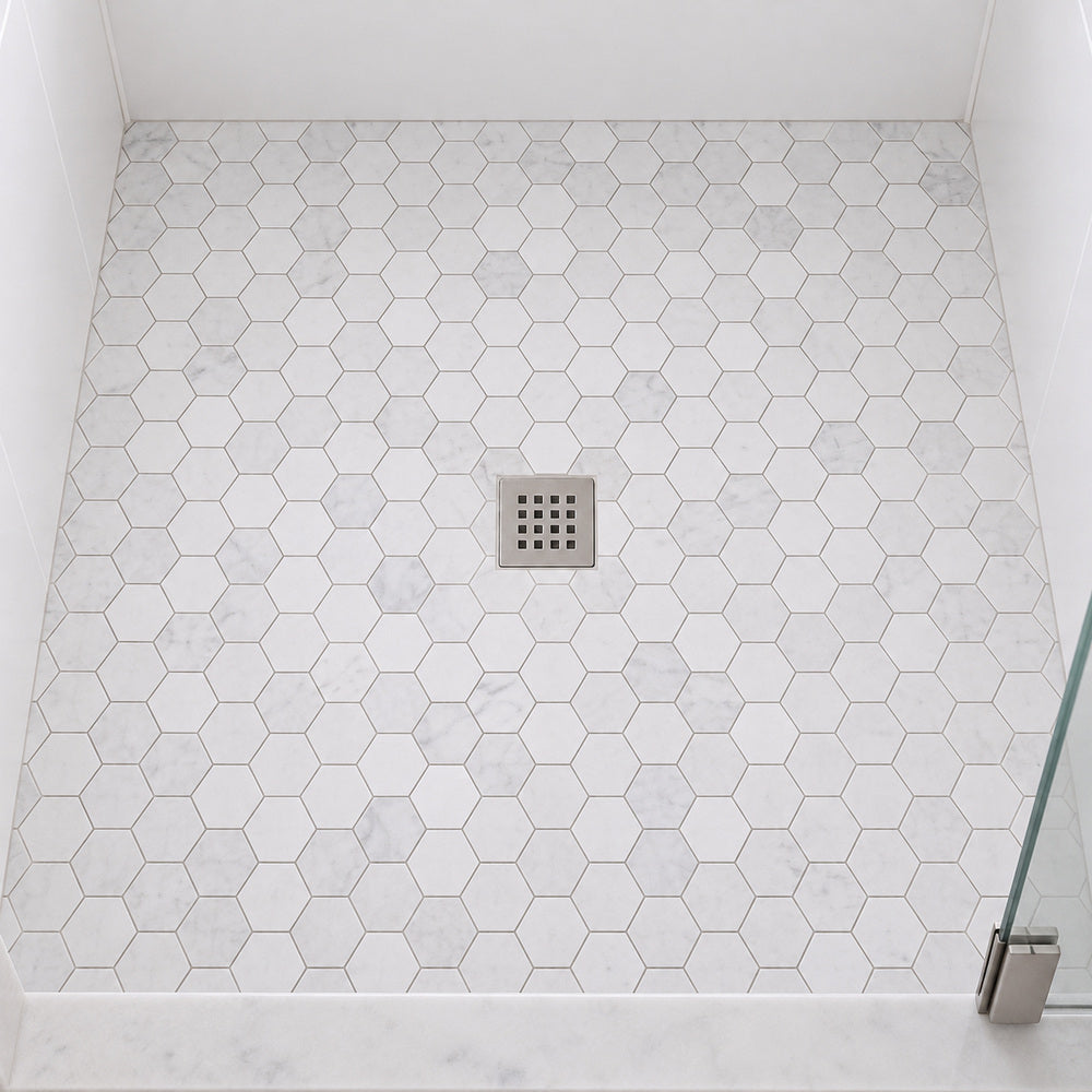 Carrara White 2″ Hexagon Polished/Honed Marble Mosaic — room scene with true-scale marble mosaic