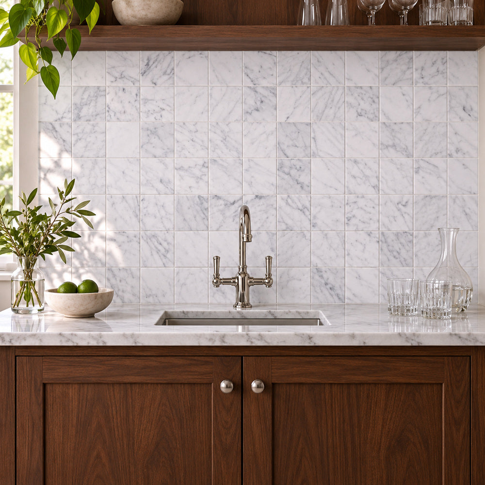 Carrara White 4×4 Polished/Honed Marble Tile room scene