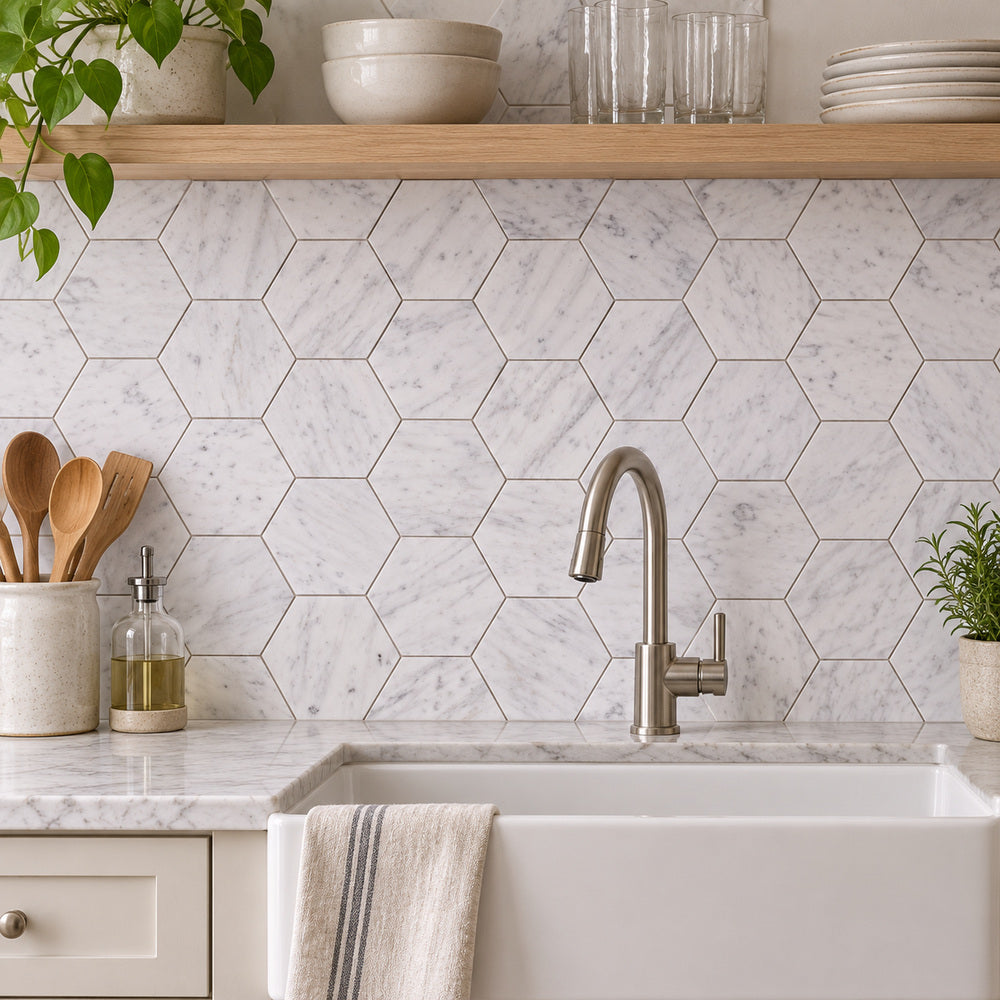 Carrara White 5x5 Hexagon Polished/Honed Marble Mosaic room scene