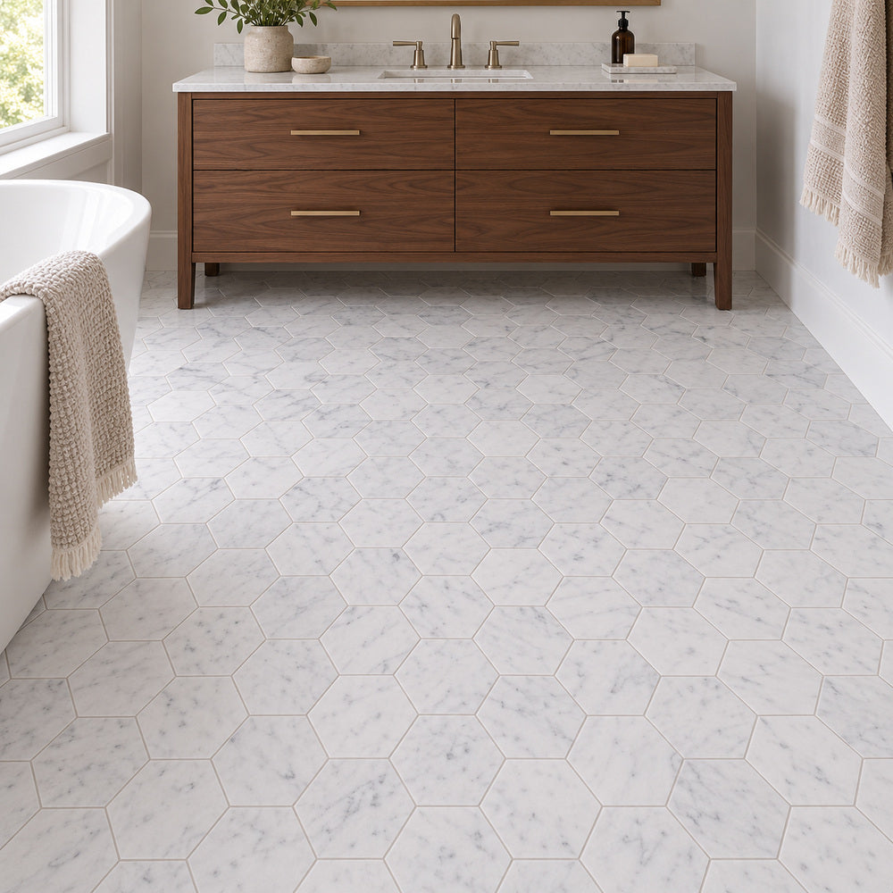 Carrara White 6″ Hexagon Polished/Honed Marble Mosaic — room scene with true-scale marble mosaic