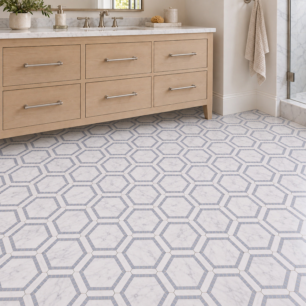 Carrara White 8x9 Milano Hexagon w/Blue Marble Mosaic room scene