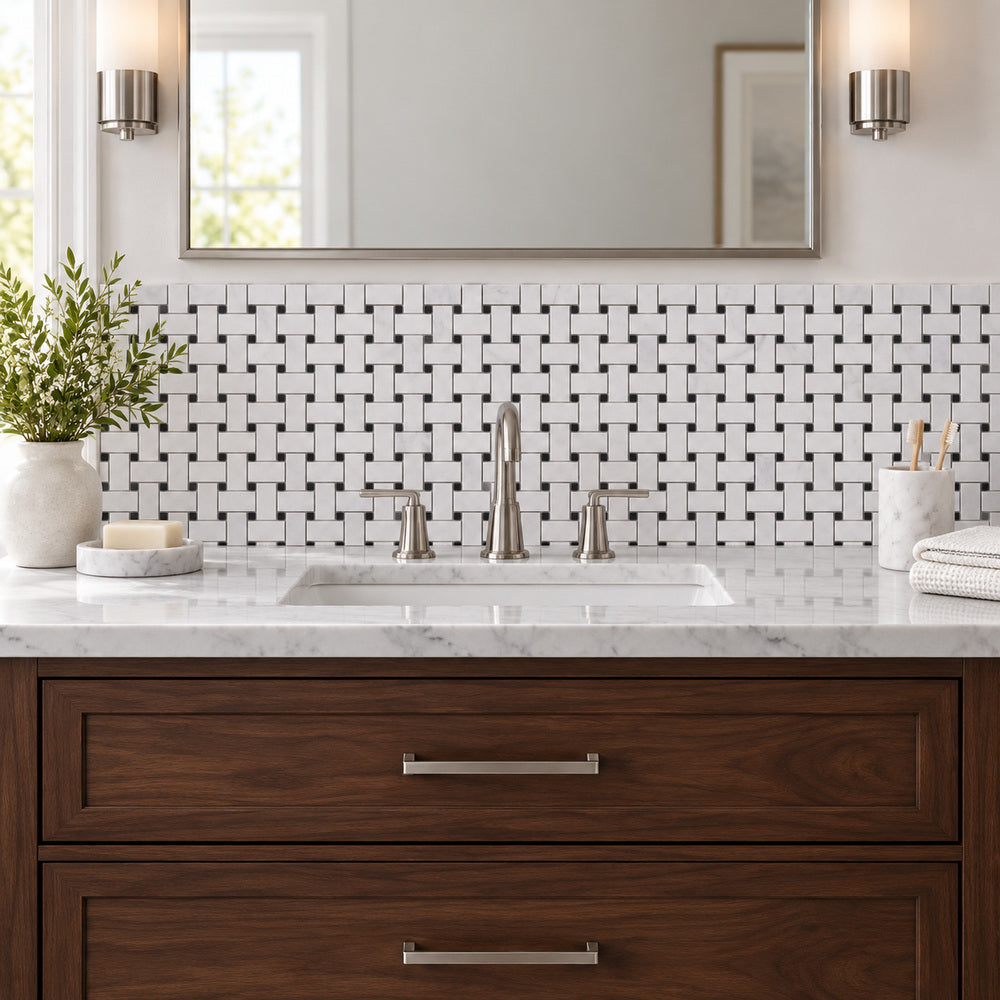 Carrara White Basketweave with Black Marble Polished/Honed — room scene with true-scale marble mosaic
