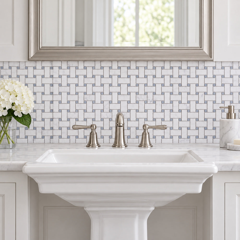 Carrara White Basketweave with Blue Marble Polished/Honed — room scene with true-scale marble mosaic