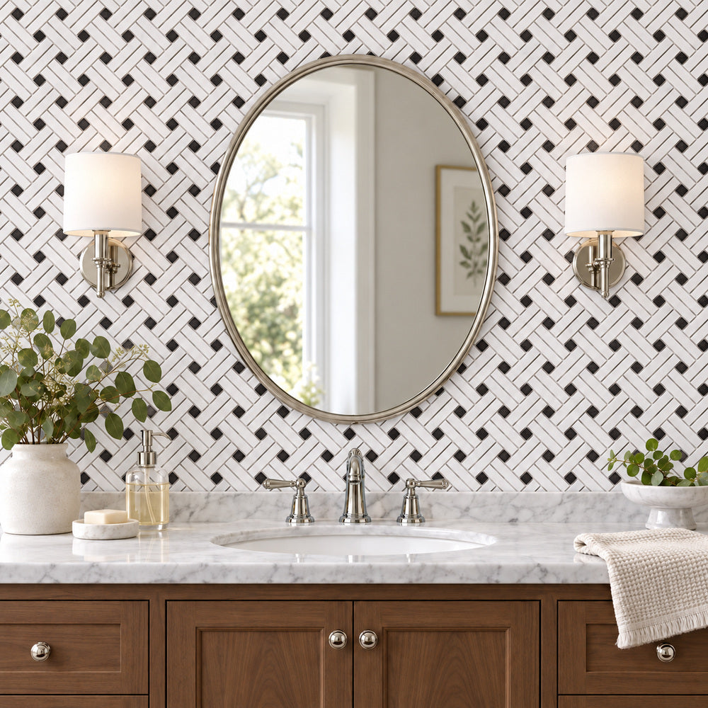 Carrara White Dimension Mosaic with Black Dots Polished/Honed room scene