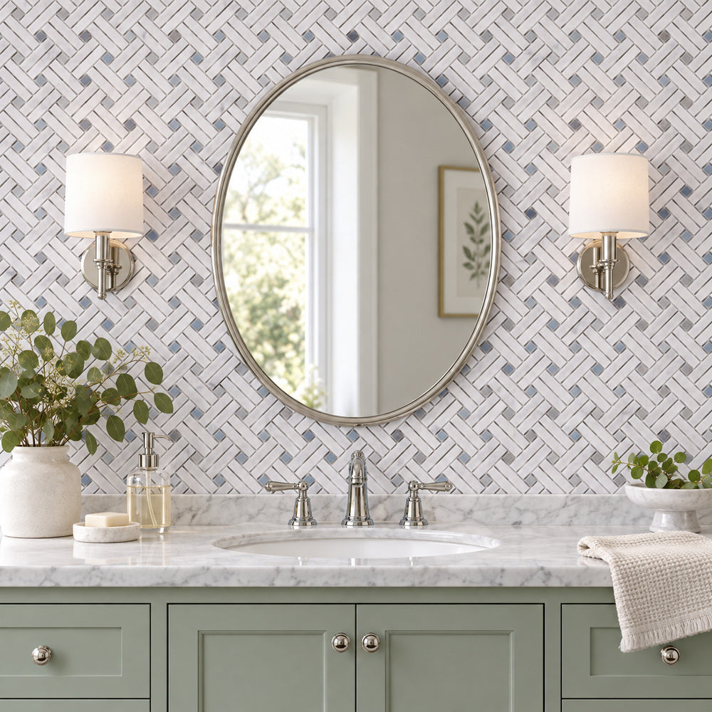 Carrara White Dimension Mosaic with Blue Dots (Polished/Honed) room scene