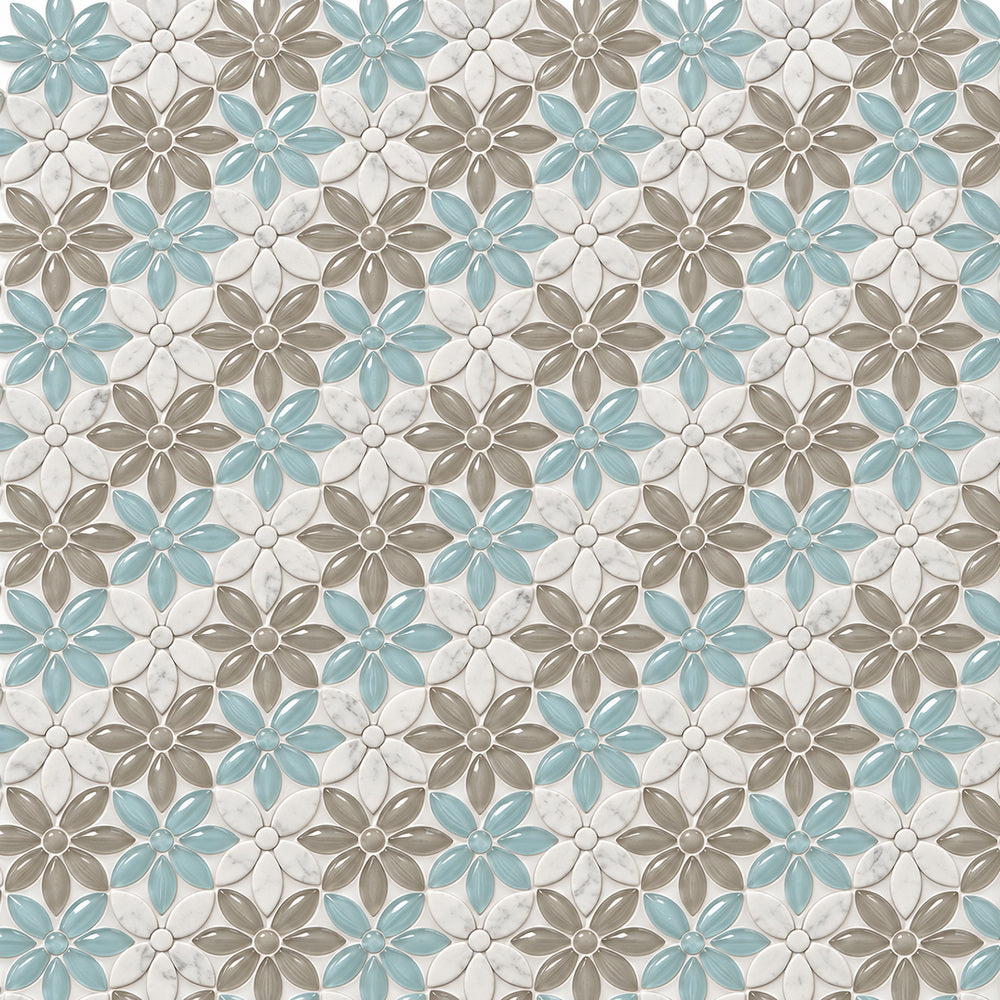 Carrara White Forest Glass Blend Daisy Flowers Mosaic Tile close-up