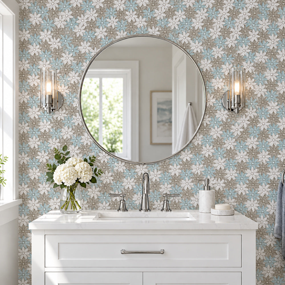 Carrara White Forest Glass Blend Daisy Flowers Mosaic Tile room scene