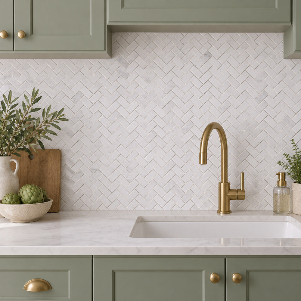 Carrara White Herringbone 1X2 Mosaic Polished/Honed — room scene