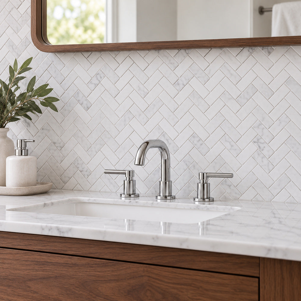 Carrara White Herringbone 1X3 Mosaic Polished/Honed — room scene