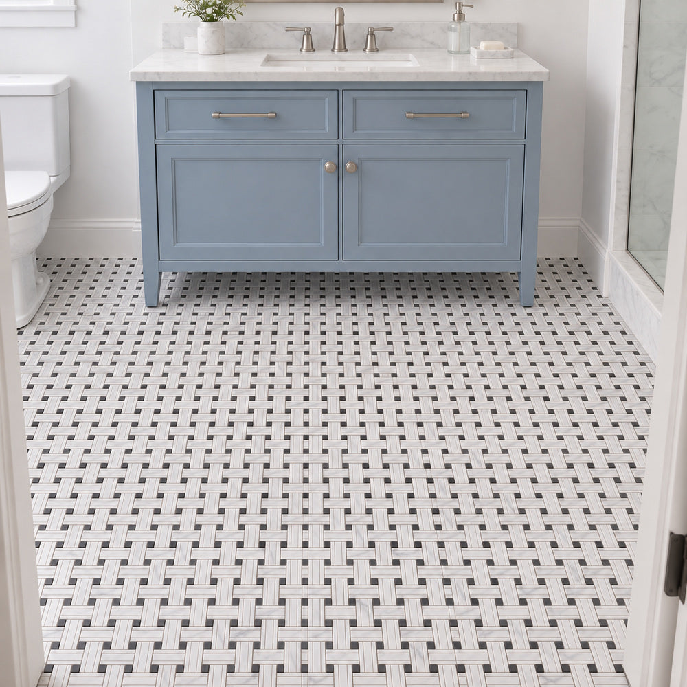Carrara White Kenzy Basketweave with Black Marble Polished/Honed room scene with small mosaic pieces
