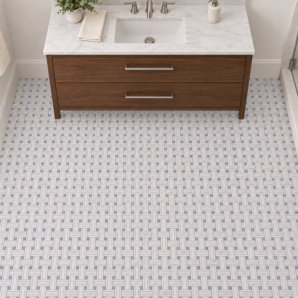 Carrara White Kenzy Basketweave with Blue Marble Polished/Honed room scene with small mosaic pieces