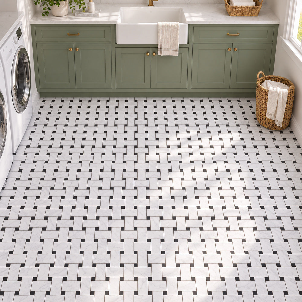 Carrara White Large Basketweave with Black Marble Polished/Honed room scene — corrected small mosaic scale