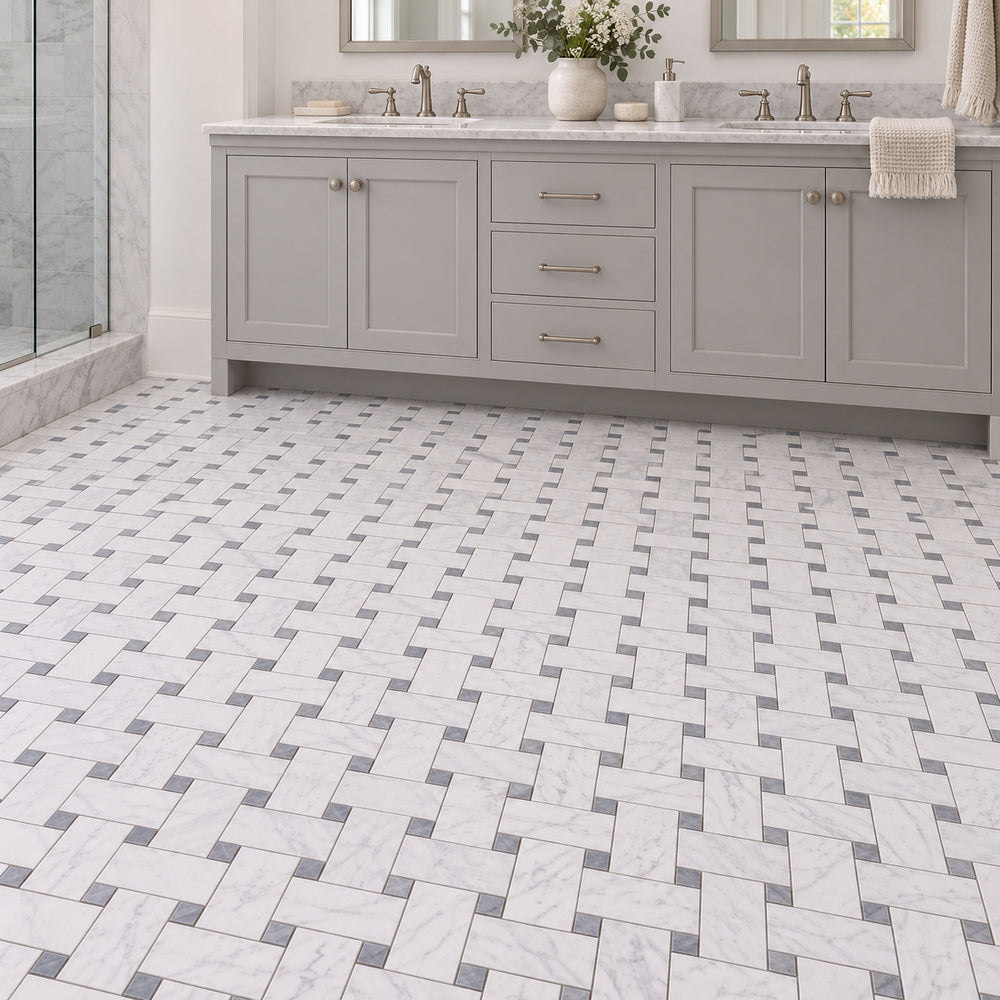 Carrara White Large Basketweave with Blue Gray Marble Polished/Honed room scene