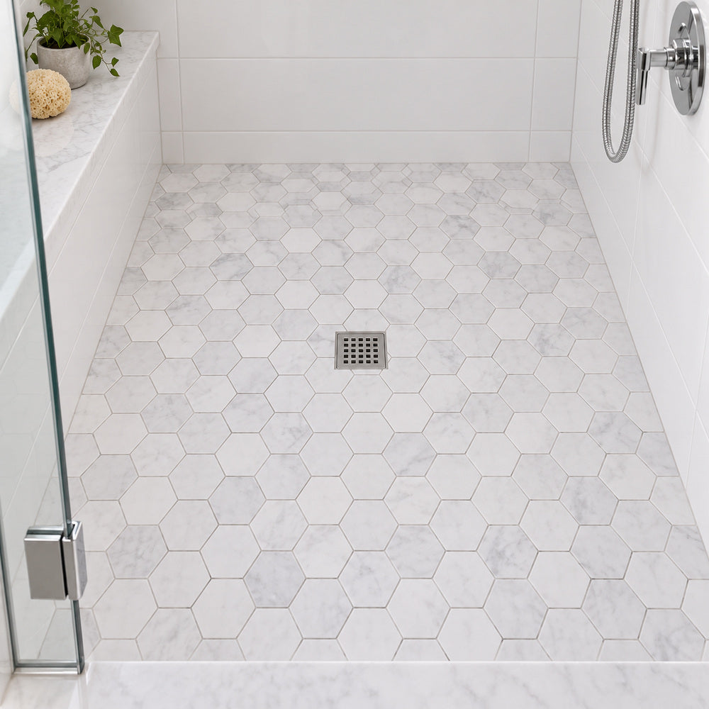 Carrara White Marble 3" Hexagon Mosaic Polished/Honed — room scene with true-scale marble mosaic