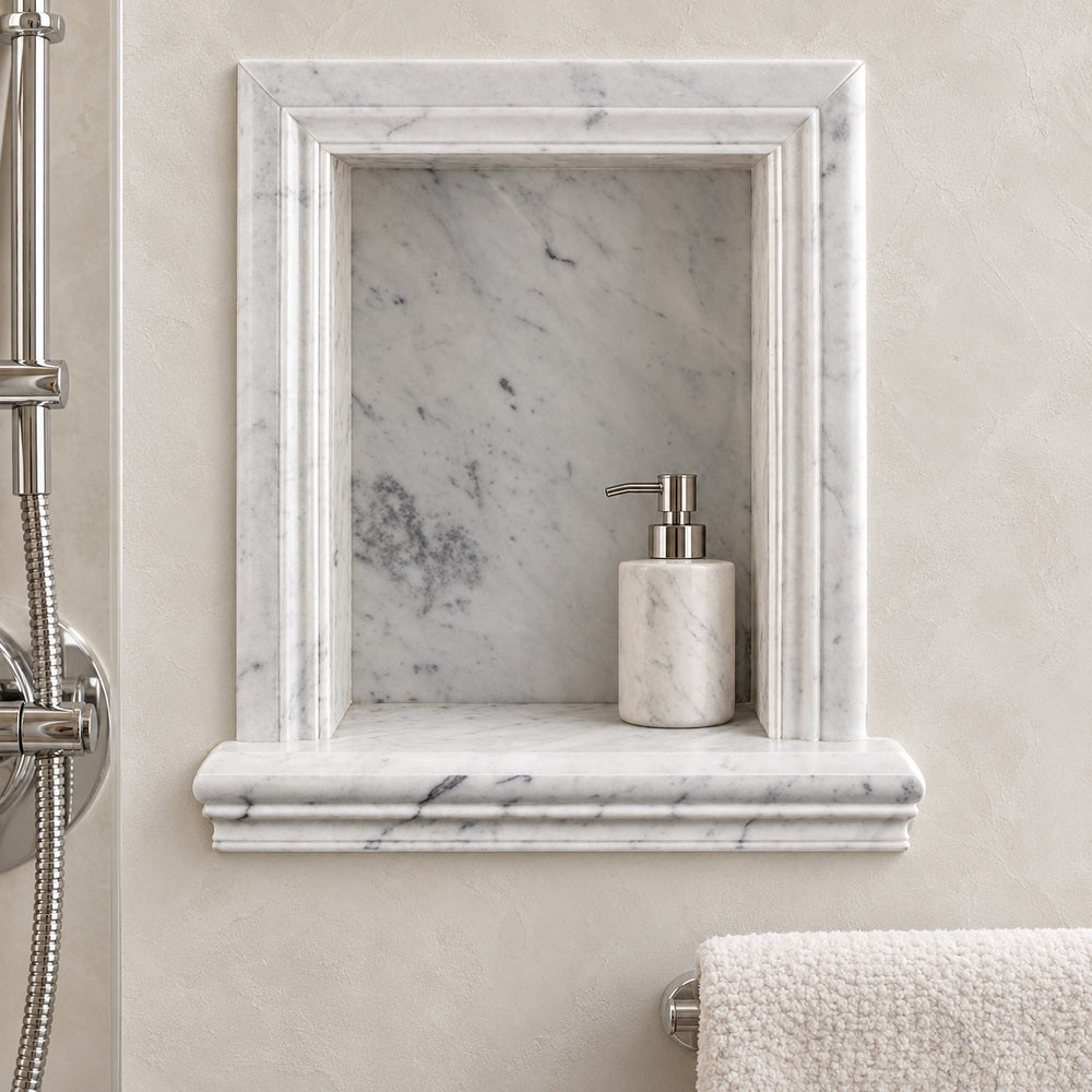 Carrara White Marble Hand-Made Shampoo Niche / Shelf - LARGE installed room scene
