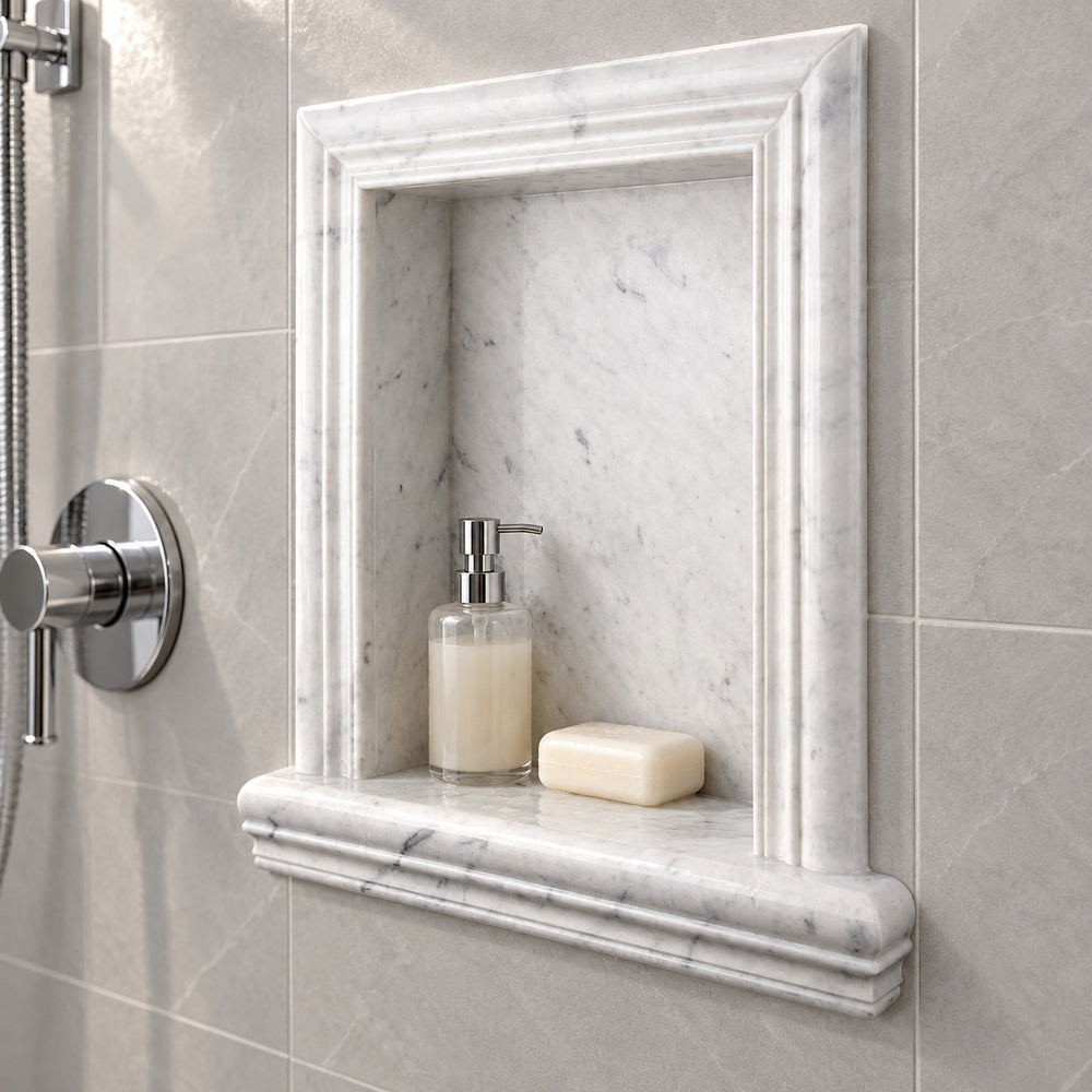 Carrara White Marble Hand-Made Shampoo Niche / Shelf - SMALL installed room scene