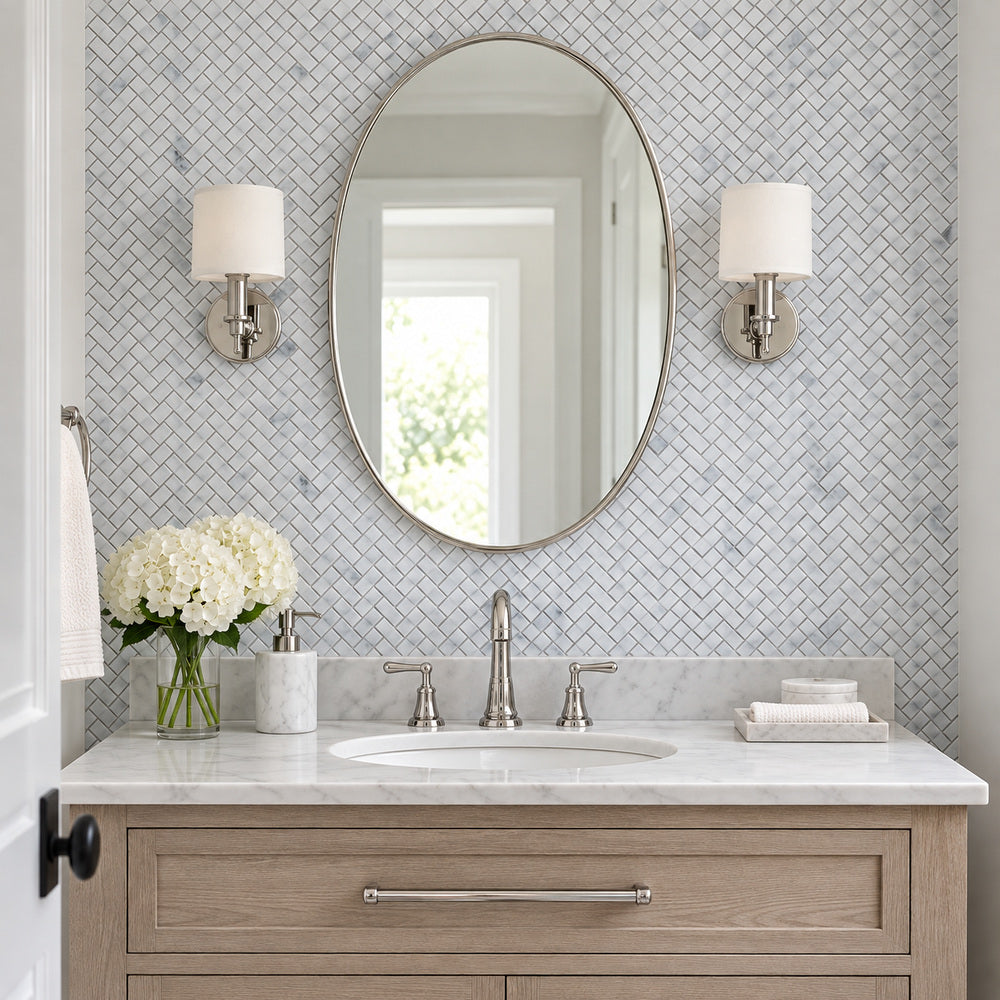 Carrara White Mini Herringbone Mosaic Polished/Honed — room scene with true-scale marble mosaic