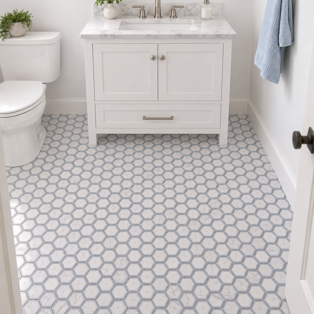 Carrara White Phantom Hex with Blue Marble Polished/Honed room scene