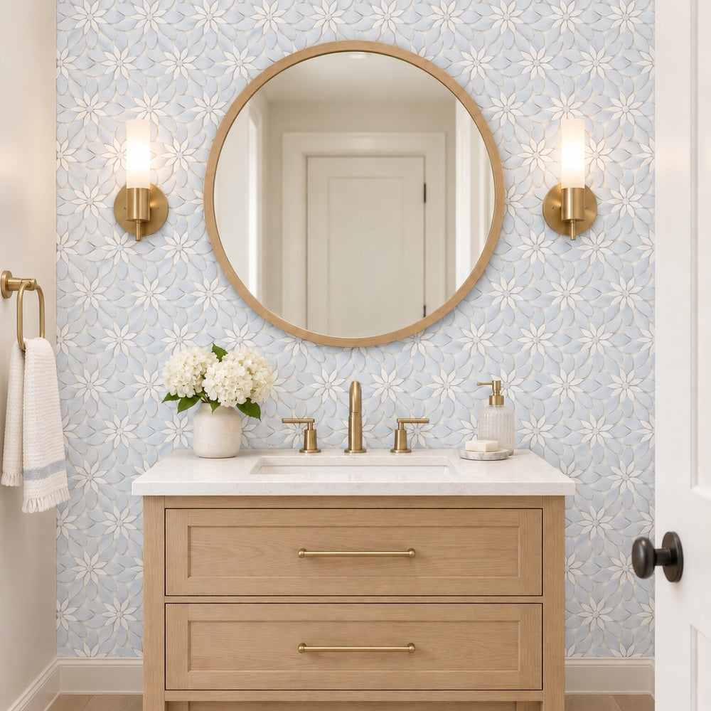 Celestial White and Azul Celeste (Blue) Daisy Flowers 11.75x13.25 Polished Mosaic Tile room scene