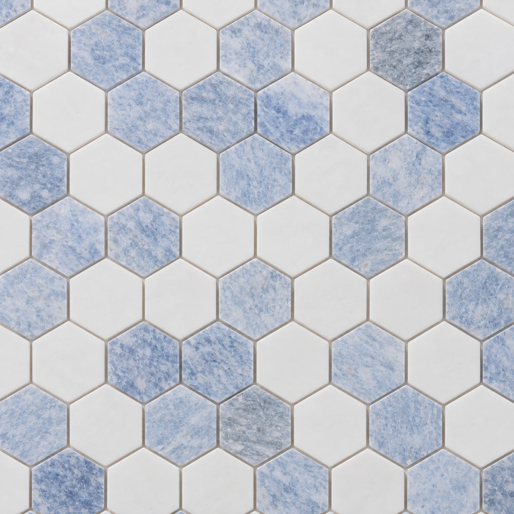 Celestial White & Azul Celeste (Blue) Hexagon 12x12 Polished Marble Tile close-up