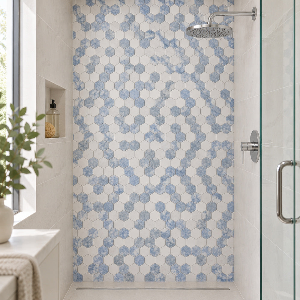 Celestial White & Azul Celeste (Blue) Hexagon 12x12 Polished Marble Tile room scene