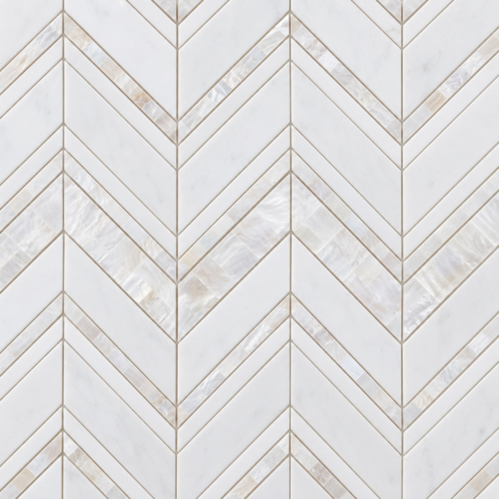 Celestial White & Mother of Pearl Chevron 11.75x12.25 Marble Tile close-up