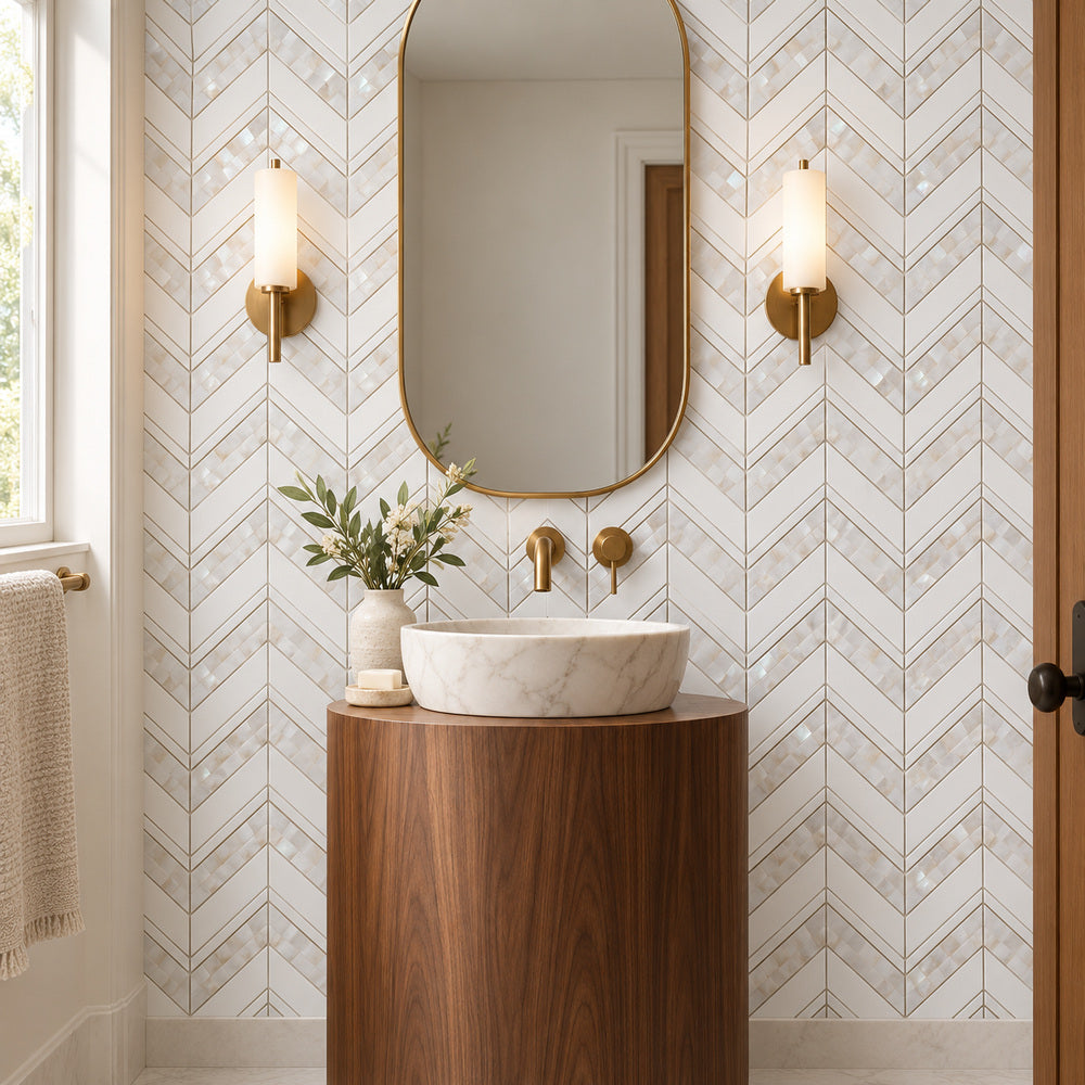 Celestial White & Mother of Pearl Chevron 11.75x12.25 Marble Tile room scene