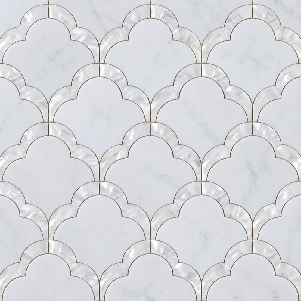 Celestial White & Mother of Pearl Scallop 10.5x12 Mosaic Tile close-up