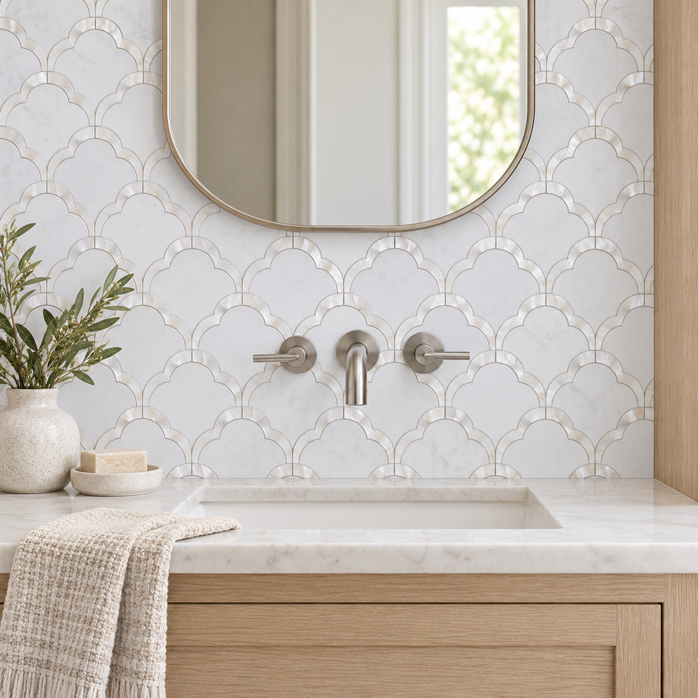 Celestial White & Mother of Pearl Scallop 10.5x12 Mosaic Tile room scene