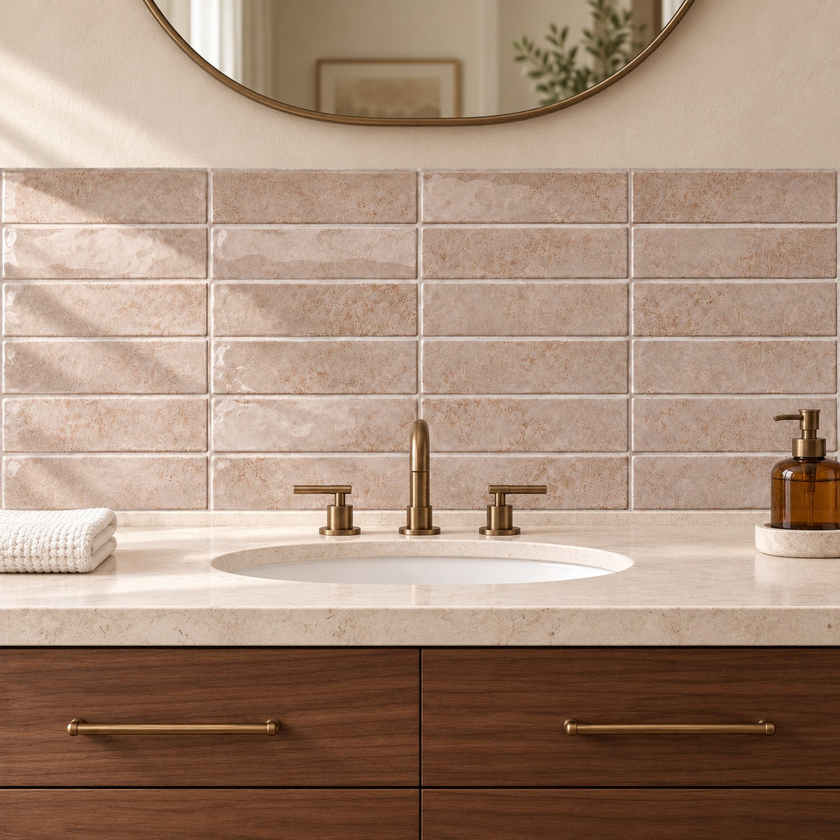 Cerelia moka 3x12 ceramic tile — bathroom vanity visualization 1