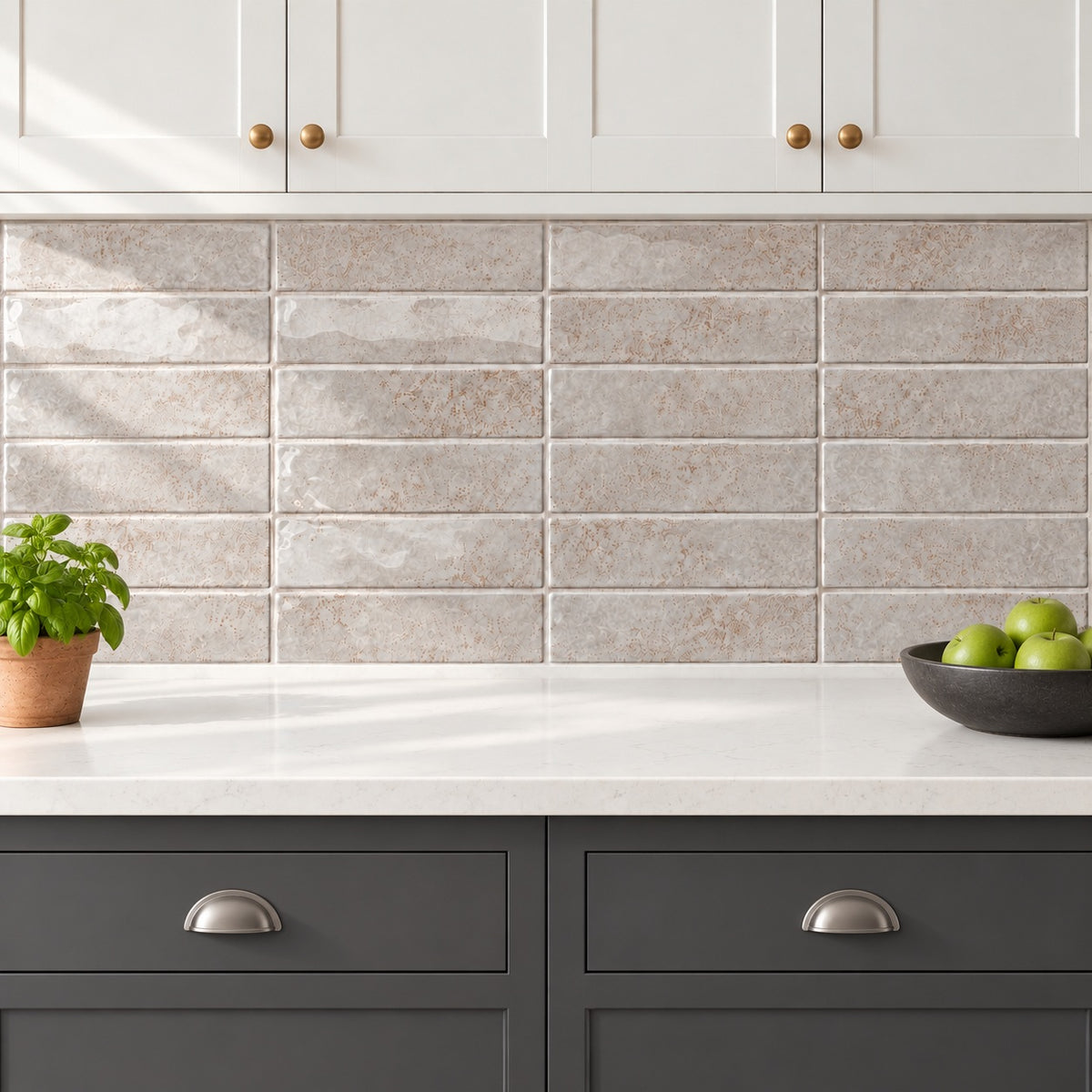 Cerelia silver 3x12 ceramic tile — kitchen backsplash visualization 1