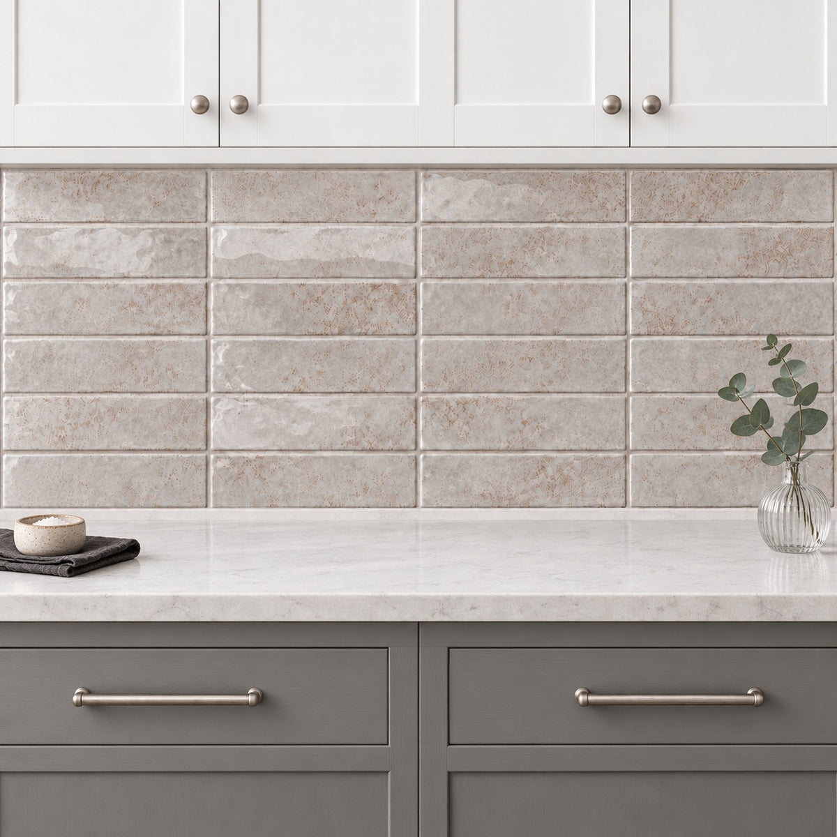 Cerelia silver 3x12 ceramic tile — kitchen backsplash visualization 2