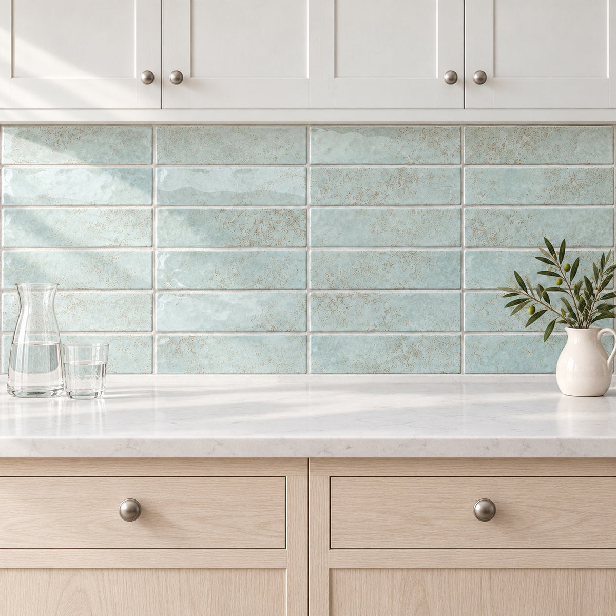 Cerelia sky 3x12 ceramic tile — kitchen backsplash visualization 1