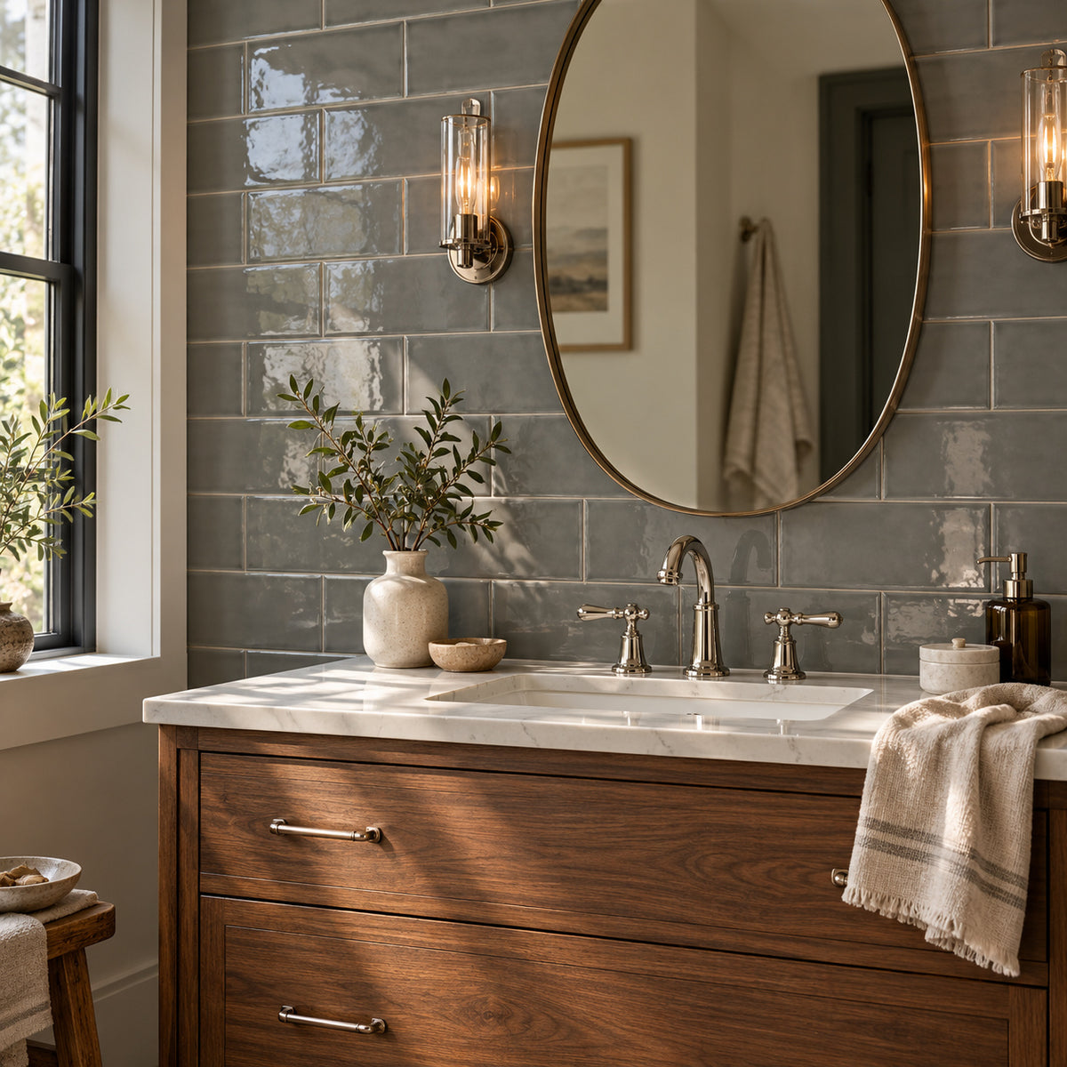 Chanelle Dark Gray 4x10 glossy ceramic tile bathroom wall — room visualization