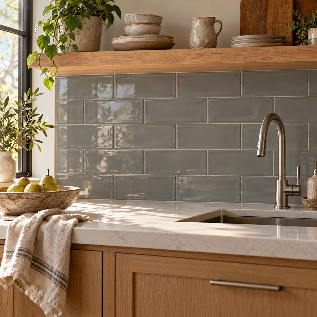 Chanelle Dark Gray 4x10 glossy ceramic tile kitchen backsplash — room visualization