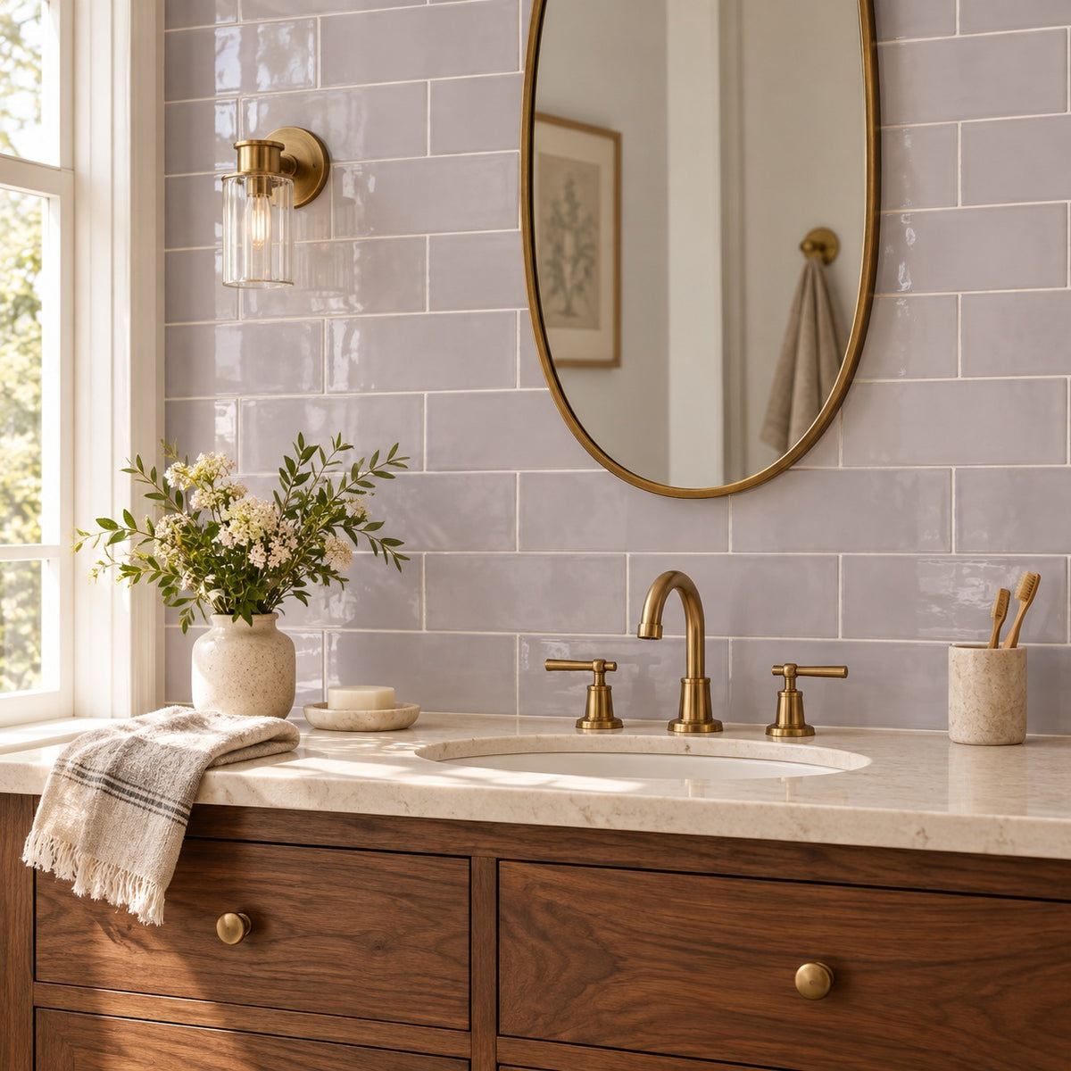 Chanelle Lavender 4x10 glossy ceramic tile bathroom wall — room visualization