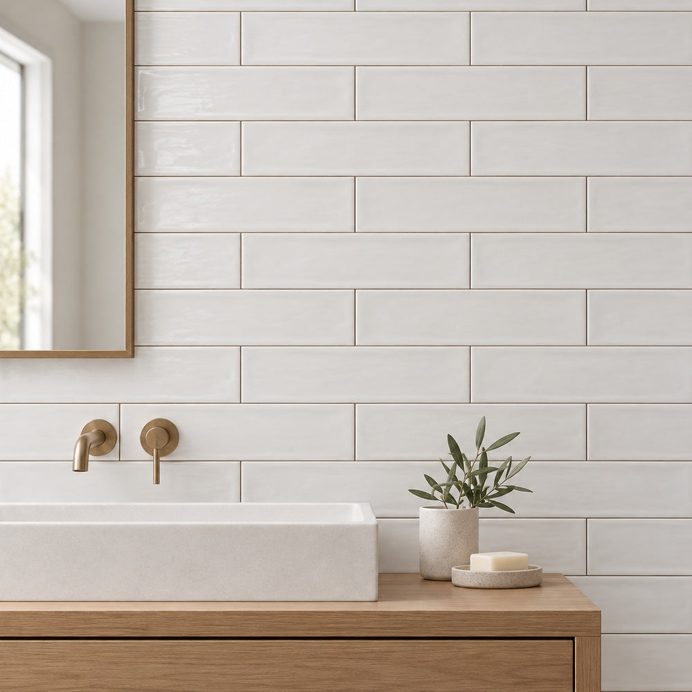 Chanelle Nimbus Cloud 3x12 Glossy Ceramic Tile room scene