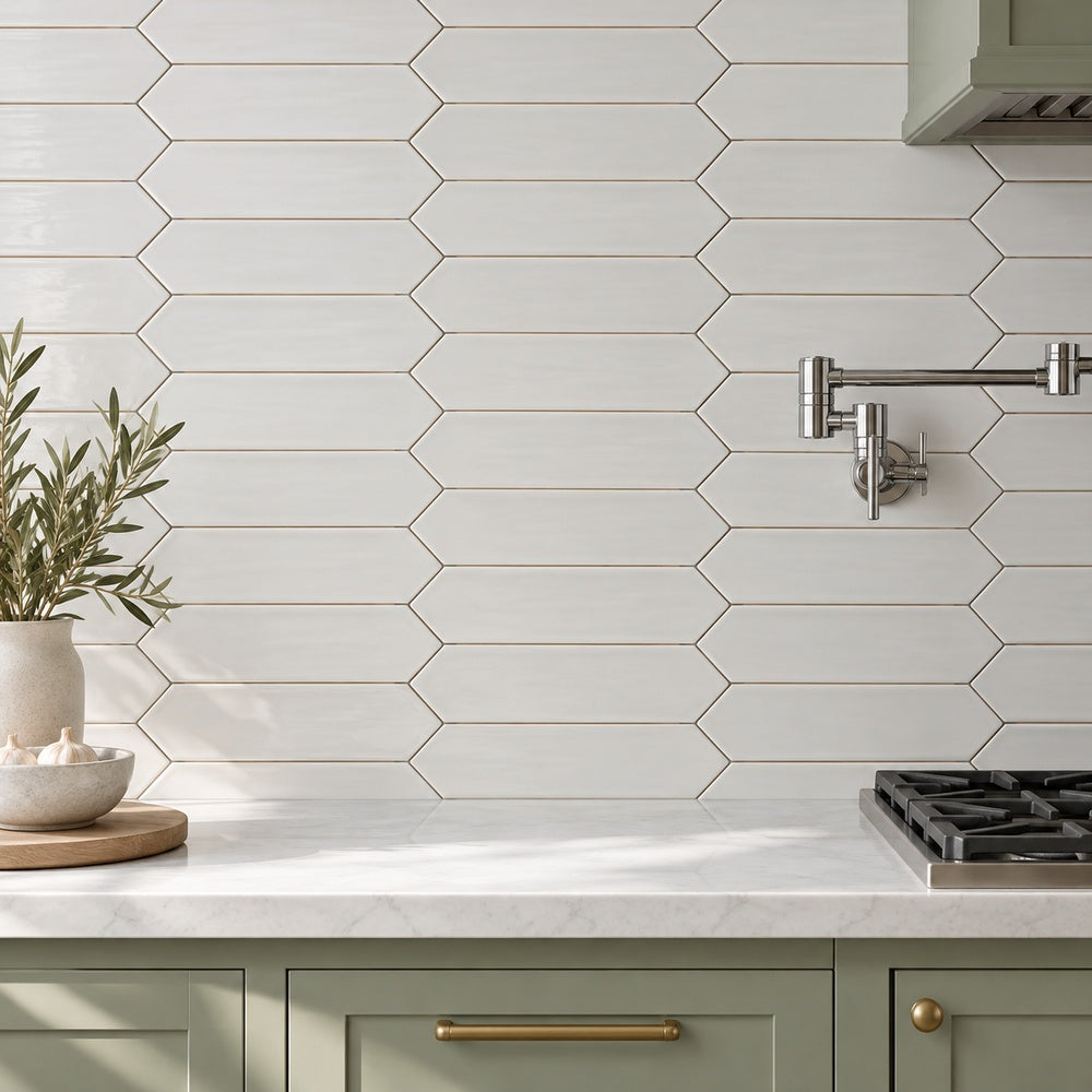 Chanelle Nimbus Cloud 3x12 Picket Glossy Ceramic Tile room scene